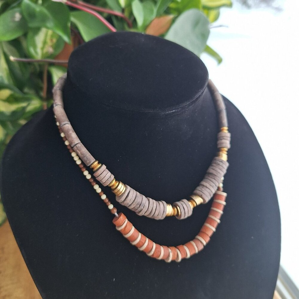 Vintage Earthy Clay Stone Beaded Necklaces Set Of 2 With Gold‎ Accents